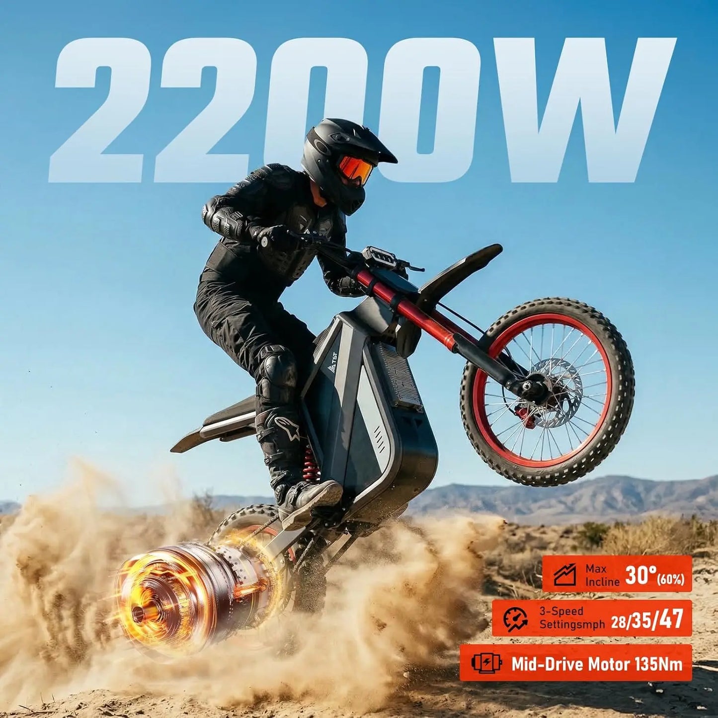TST GT63 Electric Dirt Bike 2200W Peak Motor, 48V 22.5Ah, 37MPH Off-Road Electric Bike, Hydraulic Brakes