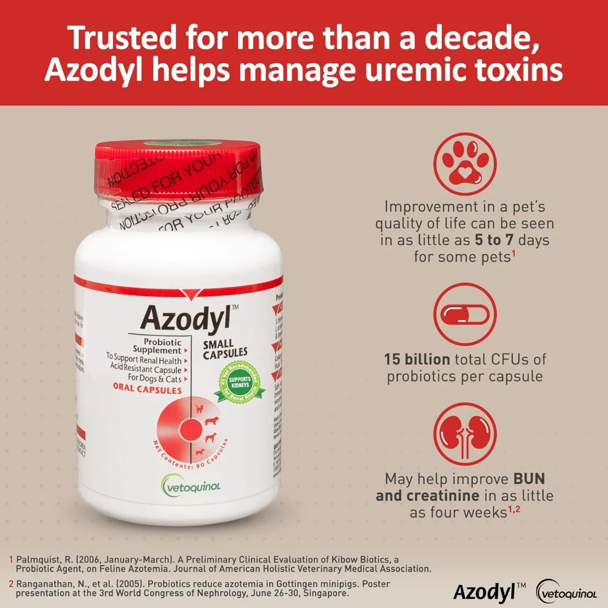 Kidney Care Supplement for Dogs & Cats, Vetoquinol Azodyl 90ct Probiotic Formula to Support Renal Health & Toxin Management