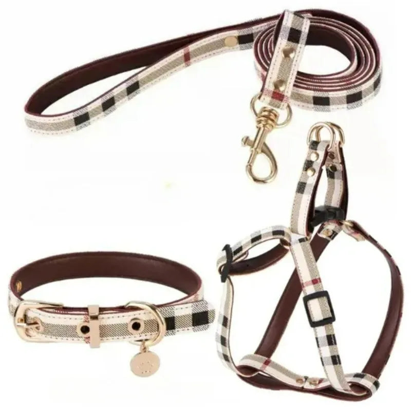 Vintage Plaid Lightweight Dog Three-Piece Set Pet Adjustable Harness Leash Collar Set for Small and Medium Dog Puppy Accessories