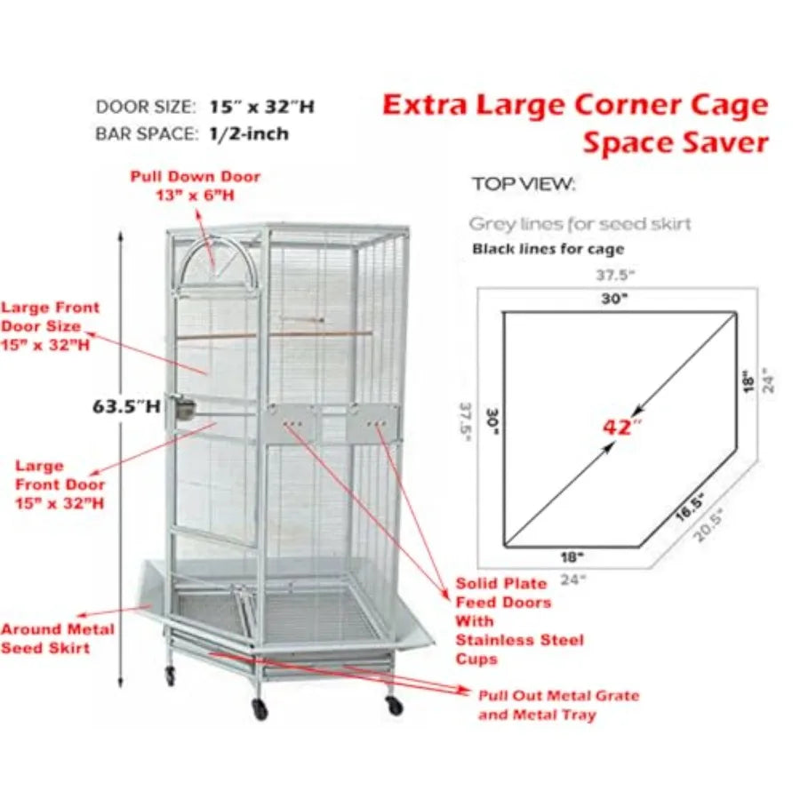64 Extra Large Corner Flight Bird Parrot Cage for Cockatiel Parakeet Budgies Parrot with Around Metal Seed Skirts Tight 1/2-Inc