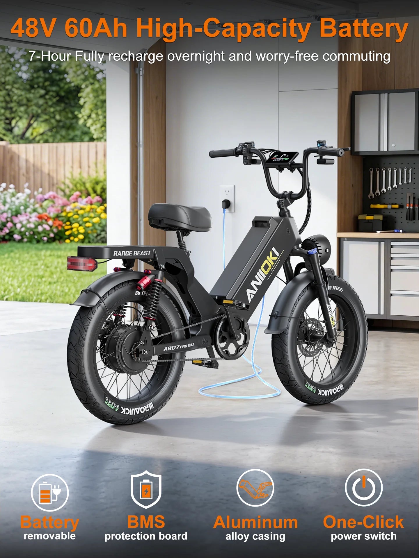 2026 ANIIOKI Electric Bike 1500W Peak Motor 48V 60Ah Battery 31MPH E-Bike AQ177 Long battery life Adult Ebike Fat Tires 20"*4"