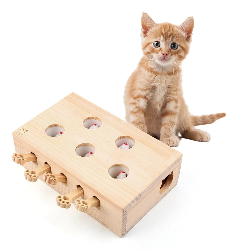 Alloyseed Wooden Whack A Mole Cat Toy Interactive Enrichment