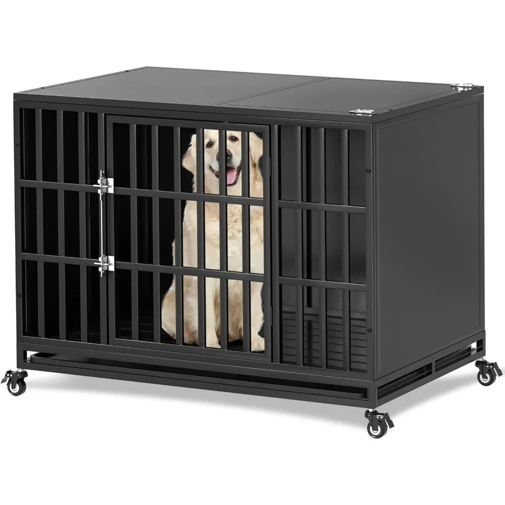 42 Inch Heavy-Duty Dog Crate - Indestructible Steel, Self-Locking Latch, and Chew-Proof Enclosed Design for Large Dogs