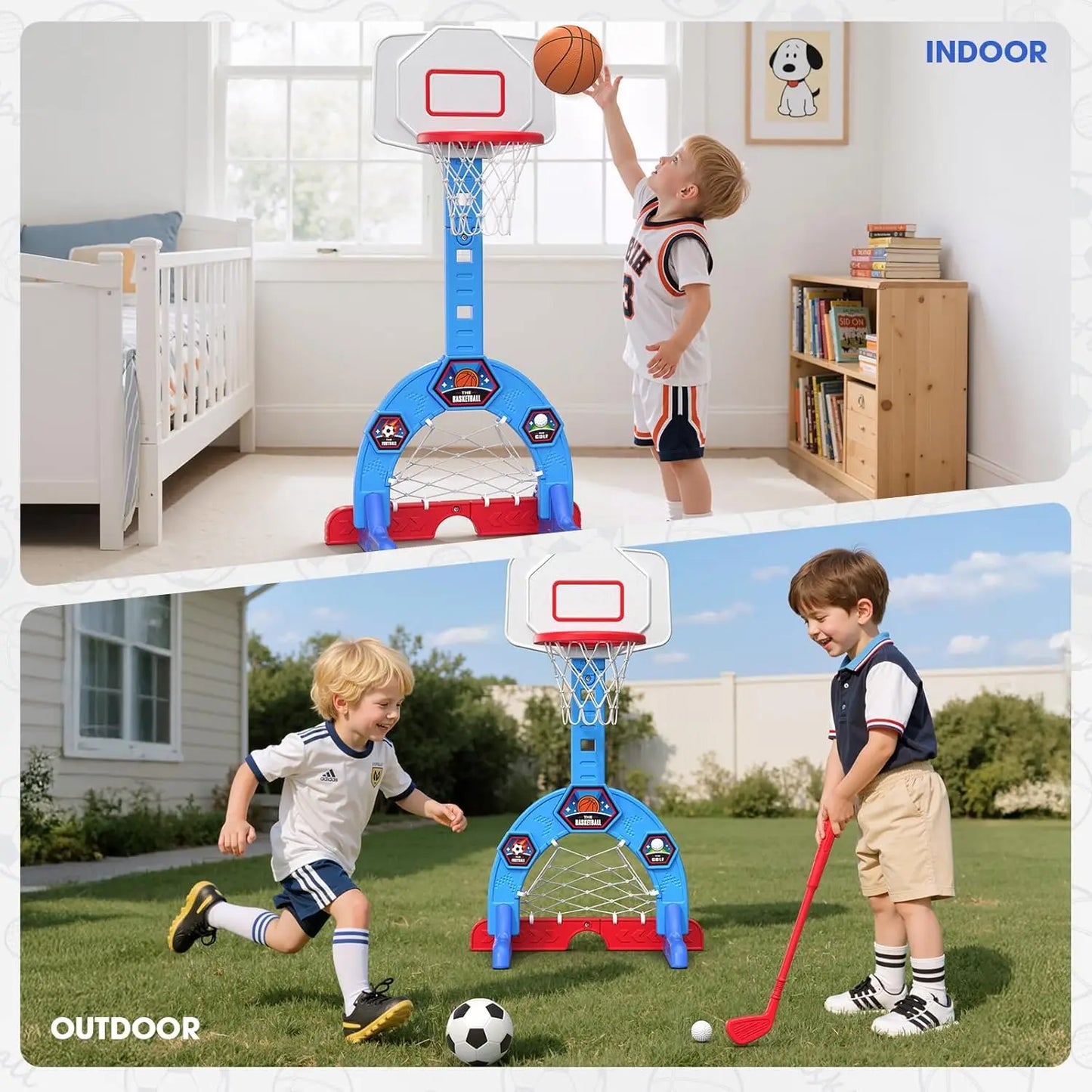 3-in-1 Sports Center with Soccer, Golf, Adjustable Basketball Hoop for Indoor Outdoor Play, Blue Toy Gift