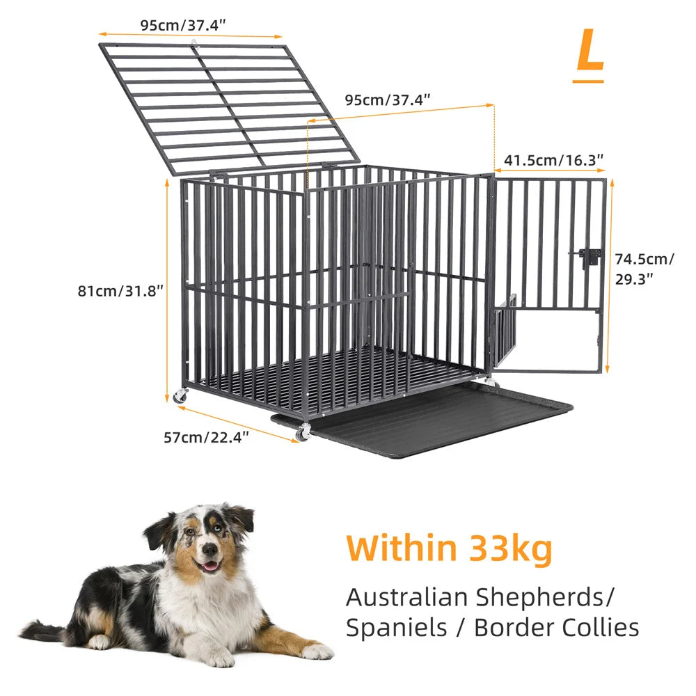 BORWAR Heavy Duty Dog Crate With Lockable Wheels And Tray