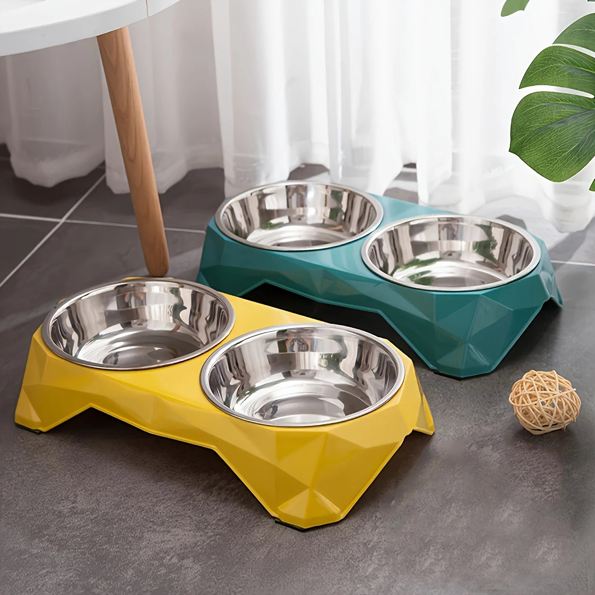 Dog Double Bowl Diamond Pattern Non Slip Food Water Feeder