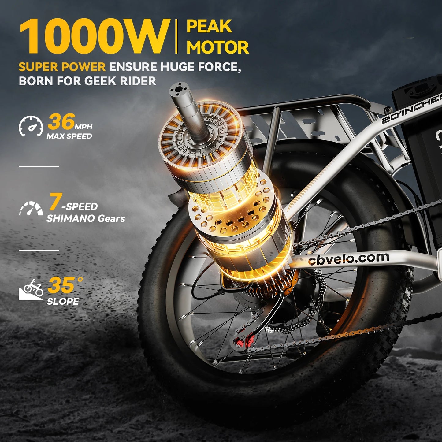 Cybervelo Folding Electric Bike, 48V 960WH Large Removable Battery E-Bike, 30+MPH, 80 Miles Max Range, 20" FatTire for Adult EK4