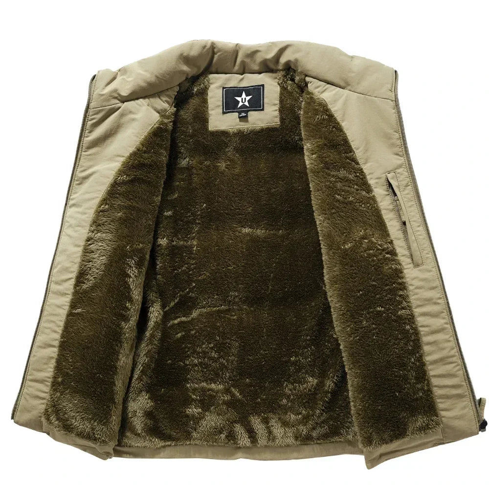 Men's New Keep Warm Fleece Work Sleeveless Jacket Slim Fit Windbreaker Fashion Many Pocket Jacket Men Winter Sleeveless Jackets