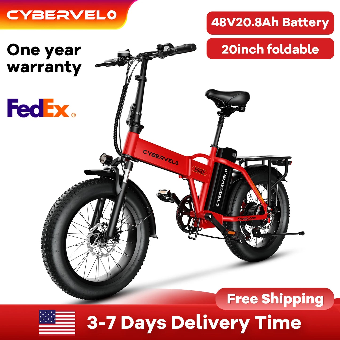Cybervelo Folding Electric Bike, 48V 960WH Large Removable Battery E-Bike, 30+MPH, 80 Miles Max Range, 20" FatTire for Adult EK4