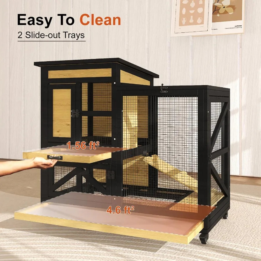 NONECN Wooden Rabbit Cage Two Story Hutch with Wheels
