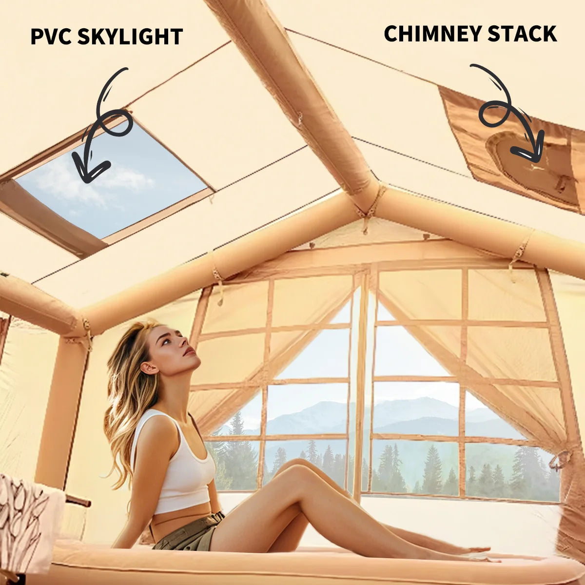 6-8 Person Large Inflatable Camping Tent, 4 Season Blow Up Tents with Rainfly, Luxury Inflatable Tent House with Stove Jack