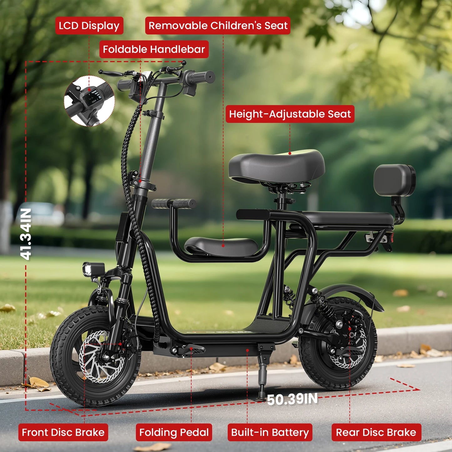 48V Electric Scooter with Seat for Adults Electric Scooter with 750W Peak Power Motor 18.75 MPH 20 Mile Range, Dual Disc Brakes