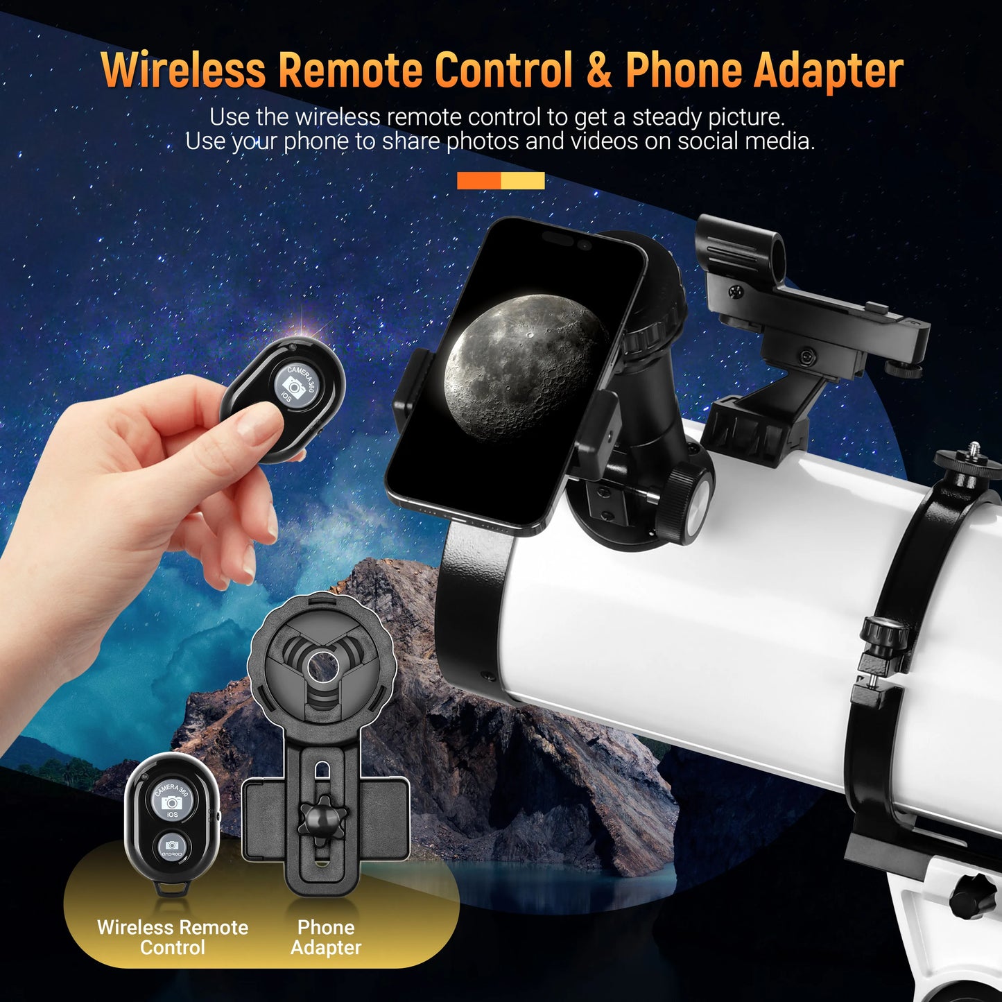 130mm Reflector Telescope with Upgrade Stainless Steel Tripod Mobile Holder Stargazing APP Max 130X for Moon Watching
