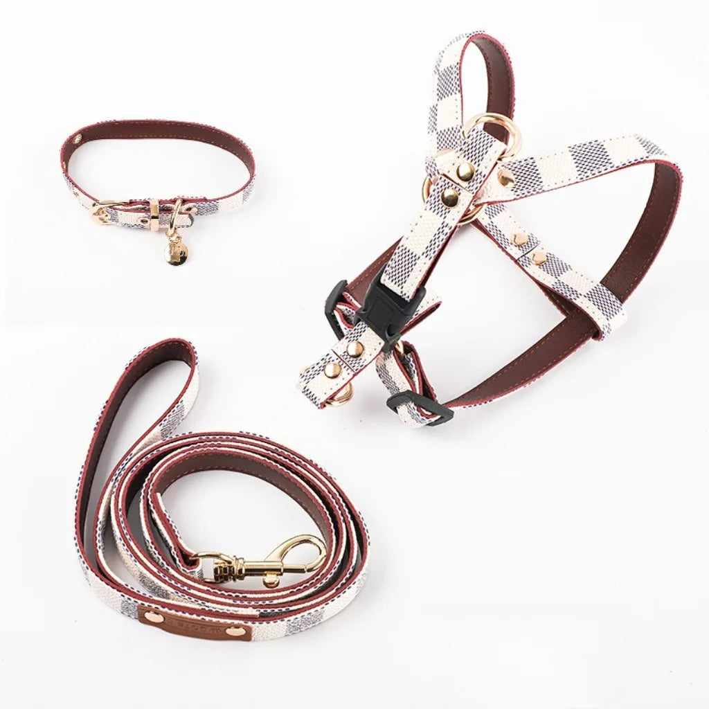 Vintage Plaid Lightweight Dog Three-Piece Set Pet Adjustable Harness Leash Collar Set for Small and Medium Dog Puppy Accessories
