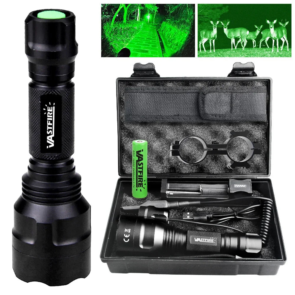 Tactical Hunting Flashlight White/Green/Red Light Torch LED Rifle Lantern+Pressure Switch+Rail Scope Mount+18650+USB Charger