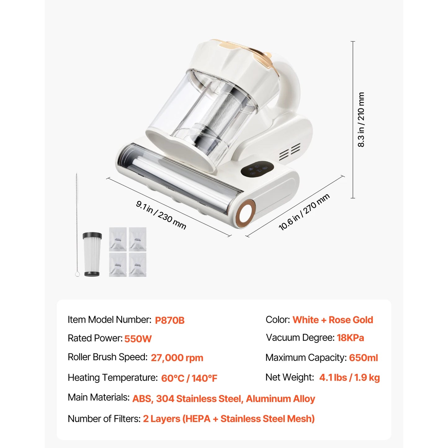 VEVOR Mattress Vacuum Cleaner w/ 18Kpa Powerful Suction and Dual Dust Bin HEPA Filter & Heating Ultrasound Handheld for Bed Sofa