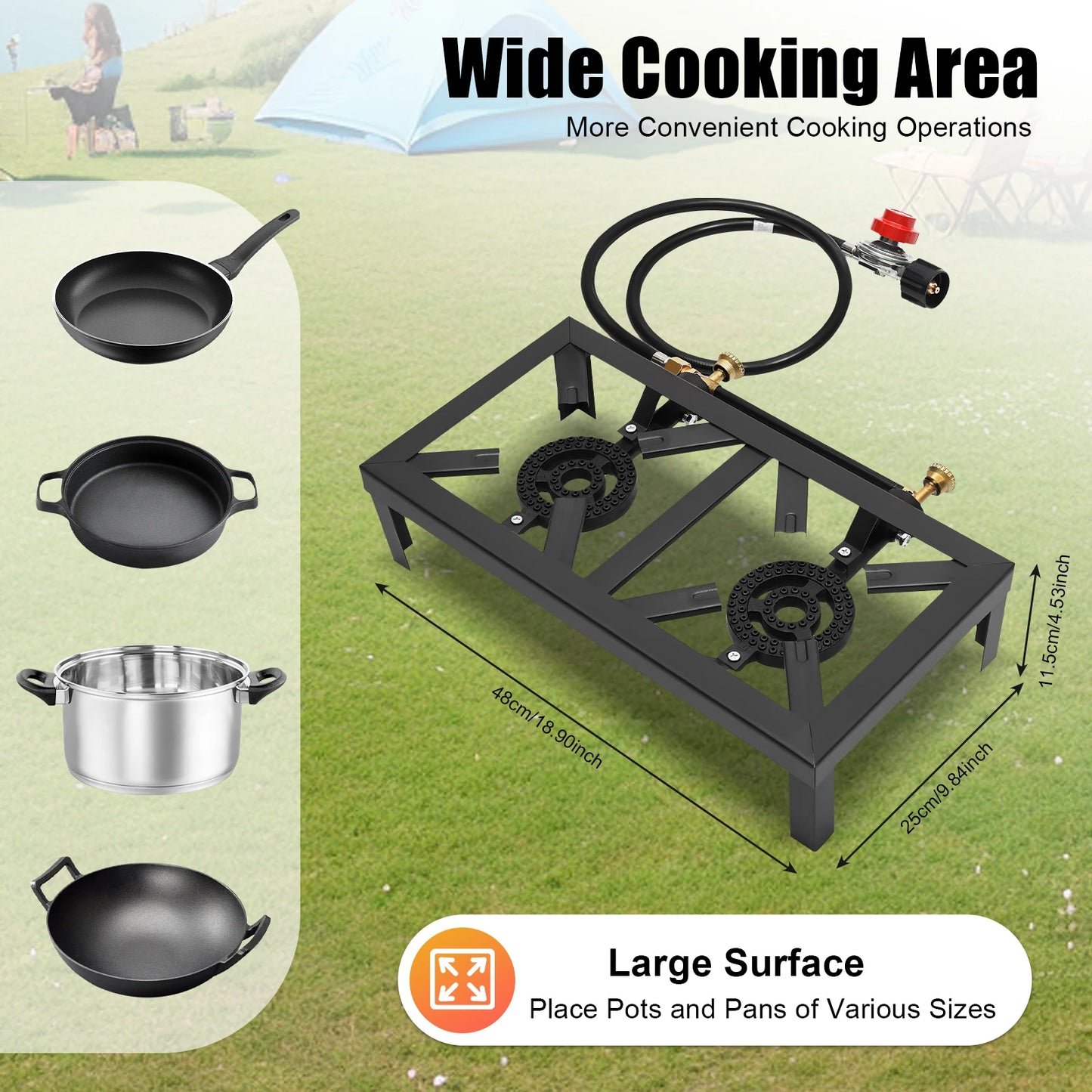 8000W Portable Double Burner Outdoor Gas Stove Propane Cooker with Adjustable 0-10Psi Regulator Hose for Patio Camping, BBQ