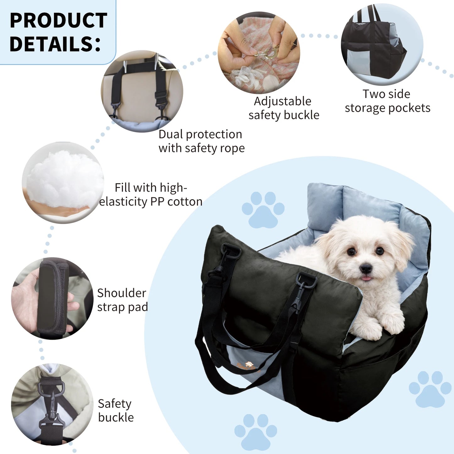 Dog Car Seat Travel Bed Carrier For Small Dogs Up To 10 Kg Clip-On Leash