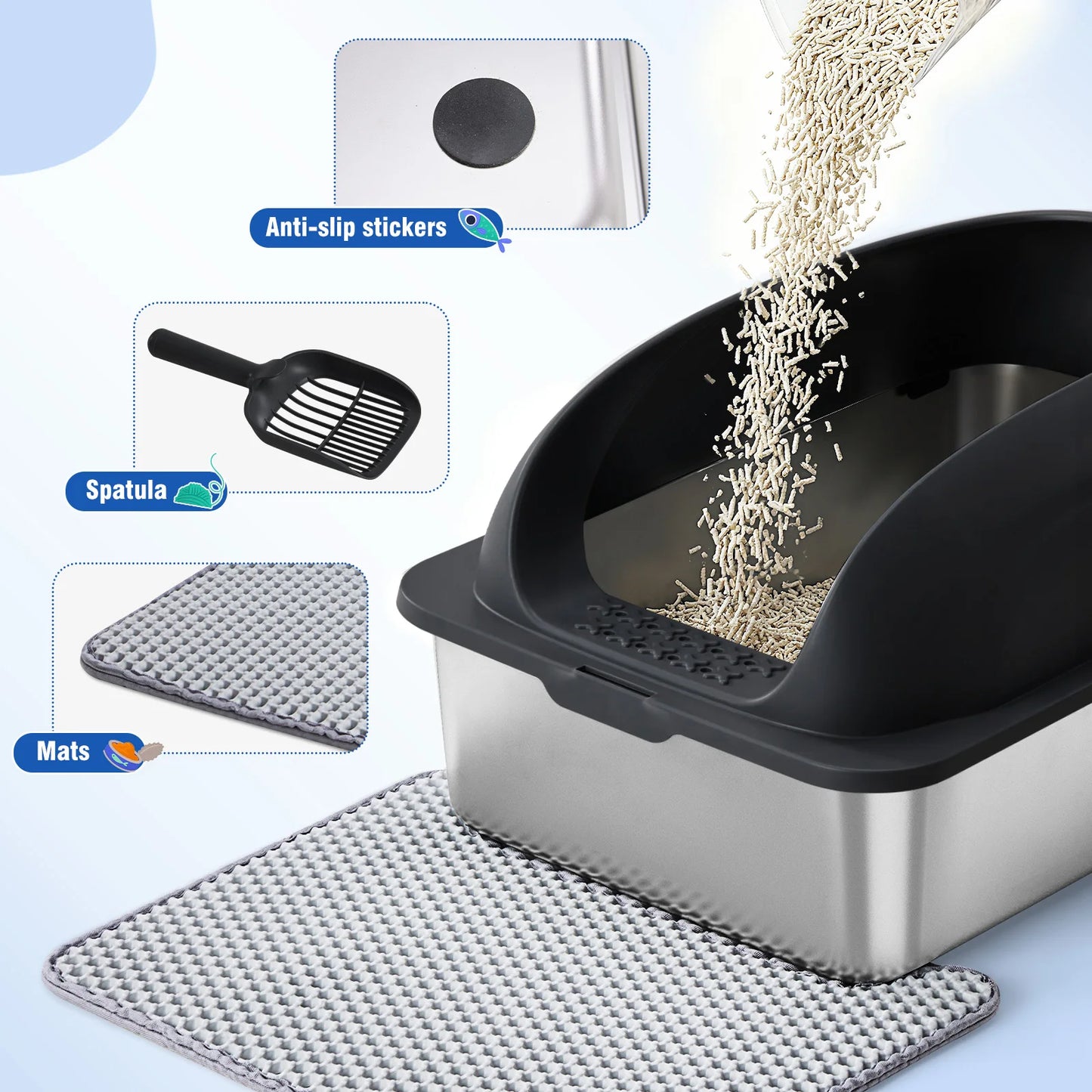 Stainless Steel Cat Litter Box With Lid, Scoop And Mat