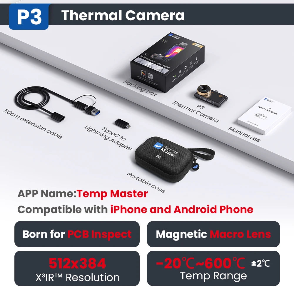 P3 Thermal Camera ios& Android USB-C 600℃ 512*384 X³IR  Infrared imaging Camera Macro Lens for PCB Circuit Home Inspection