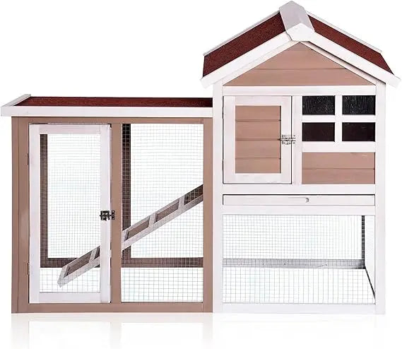Wooden Rabbit Hutch Indoor Outdoor 2-Level Cage Pull-Out Tray