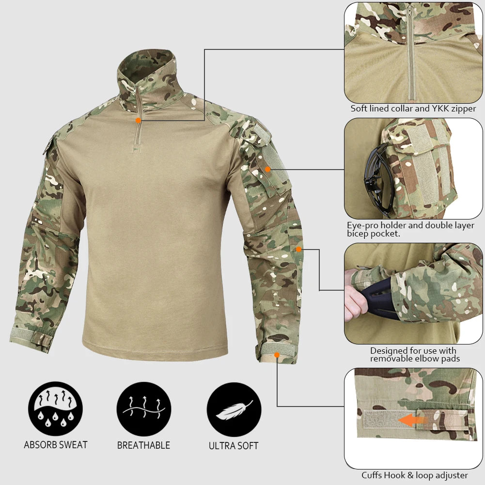 KRYDEX Combat Shirt with Elbow Pads For Hunting Outdoor Tops Tactical Clothes MC Tiger Stripes Shirts