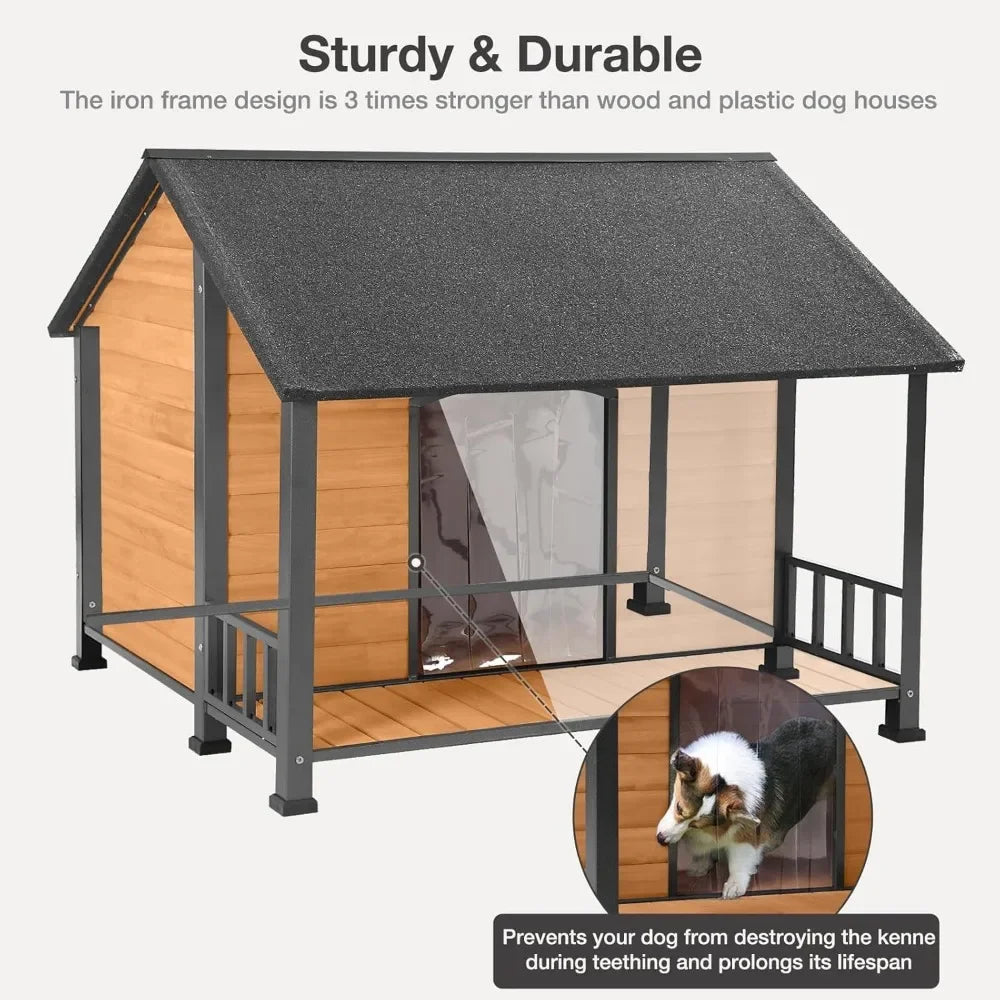 Outdoor Weatherproof Dog House With Iron Frame And Fir Wood