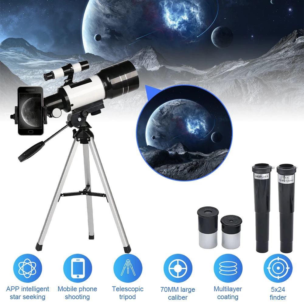 150X Astronomical Telescope , 70mm Aperture Refractor Portable Travel Telescope with Phone Adapter &Wireless Remote