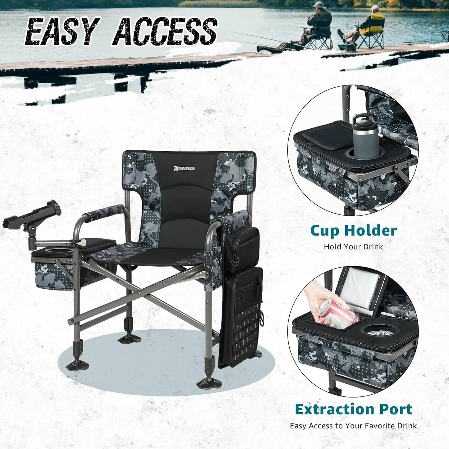 Folding Fishing Chair with Rod Holder, Adjustable Legs and Cooler Bag for Outdoor Camping, Ice Fishing, Patio