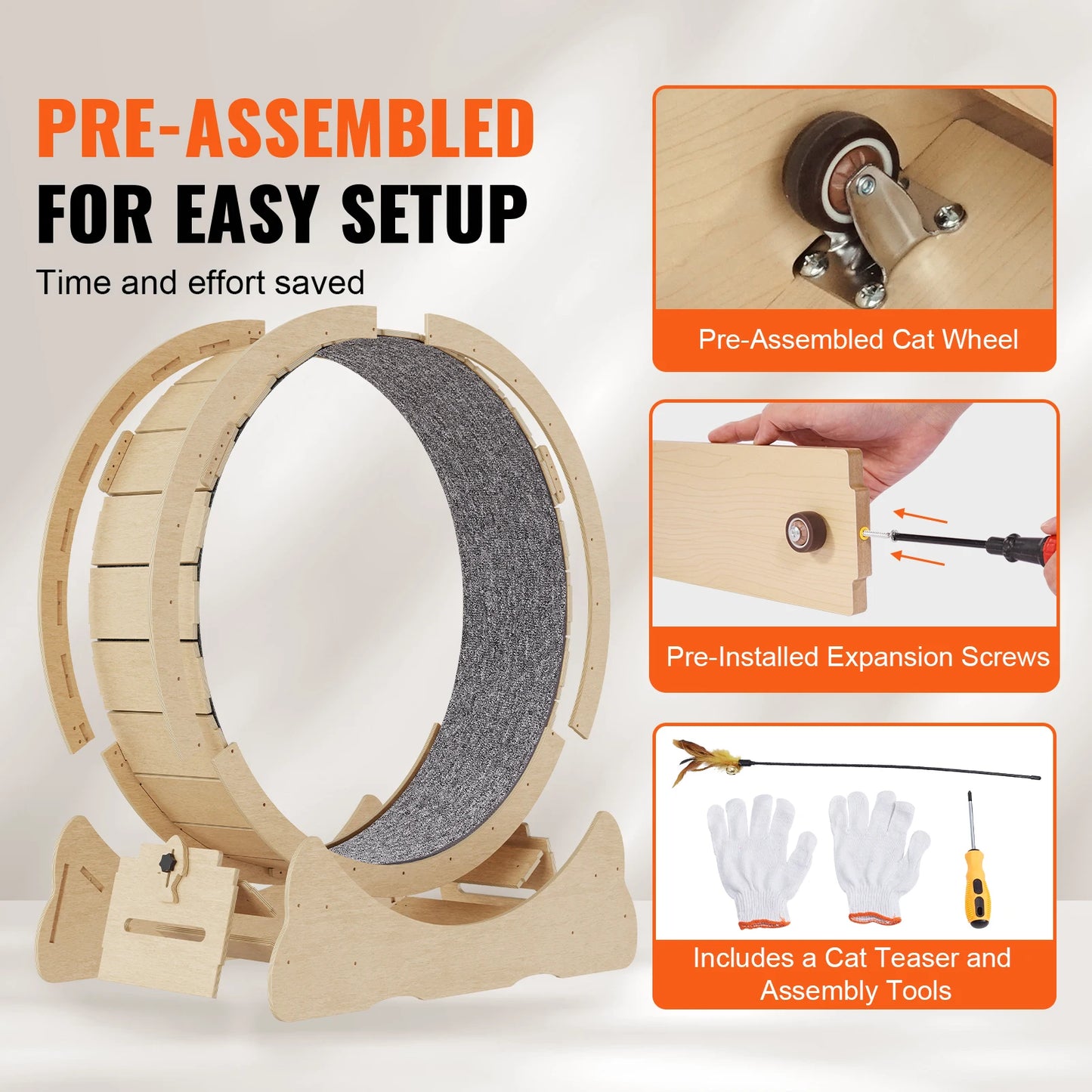 PremiumSolidWood Wooden Cat Exercise Wheel Indoor Running Solution Detachable Carpet