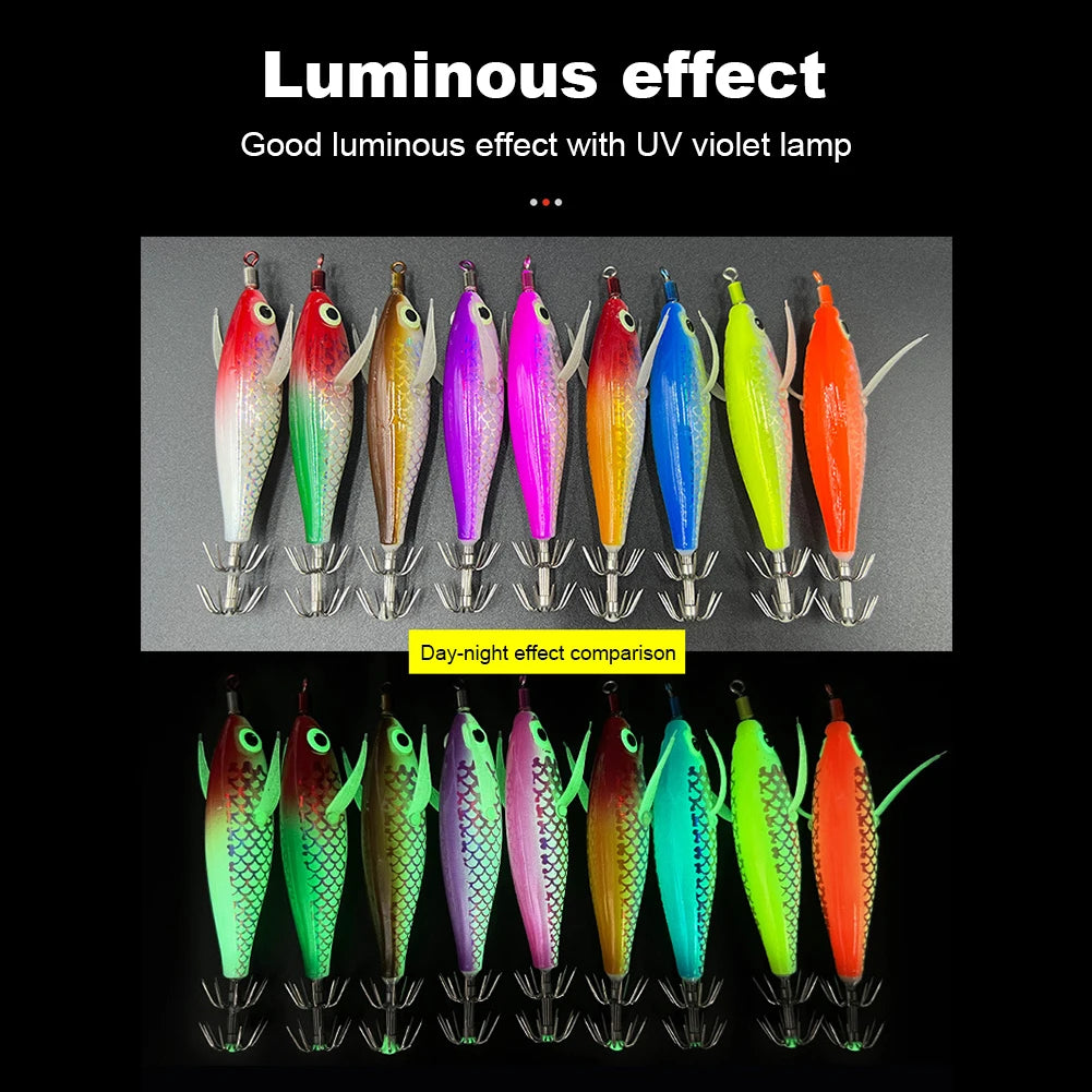 3-1Pcs Squid Jig Hook Fishing Lure Luminous 8cm 9.5g Artificial Fake Octopus Lures Wood Shrimp Cuttlefish Hard Bait Sea Tackle