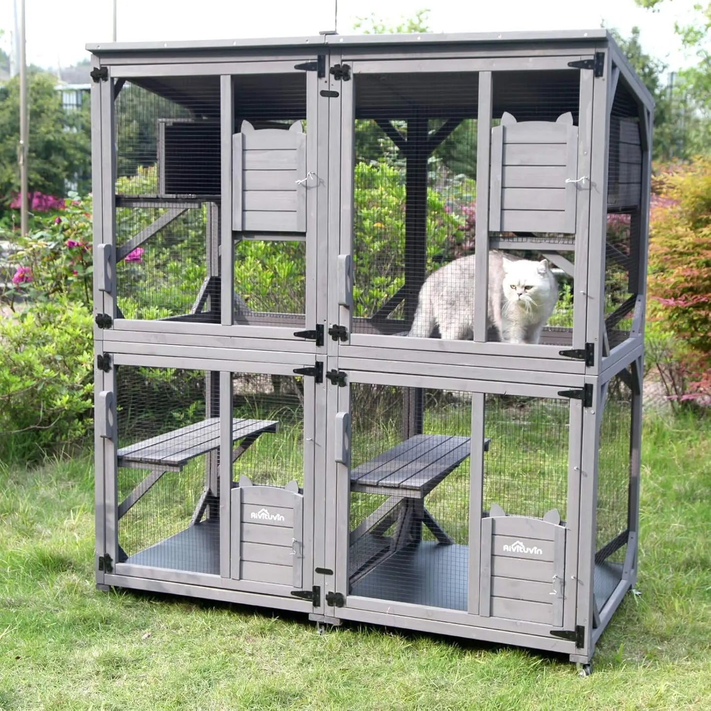Indoor Outdoor Cattery Large Wooden Cat Cage With Wheels