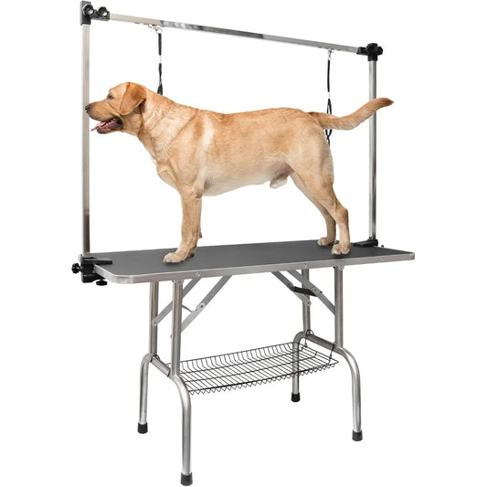 Foldable Dog Grooming Table With Adjustable Arm Mesh Tray