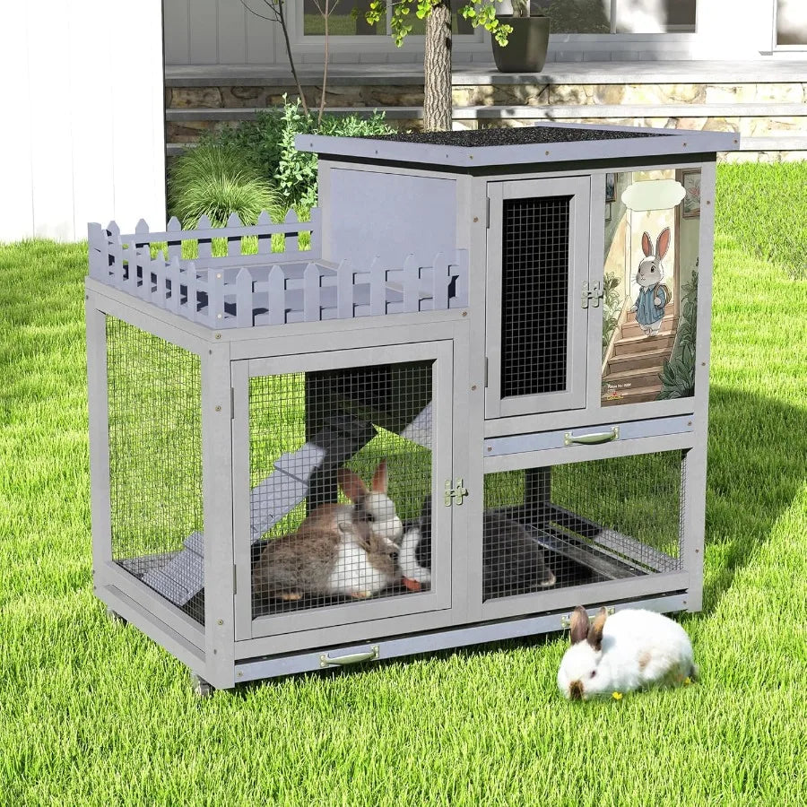 Wood Rabbit Hutch With Balcony Ramp For Indoor Outdoor Use