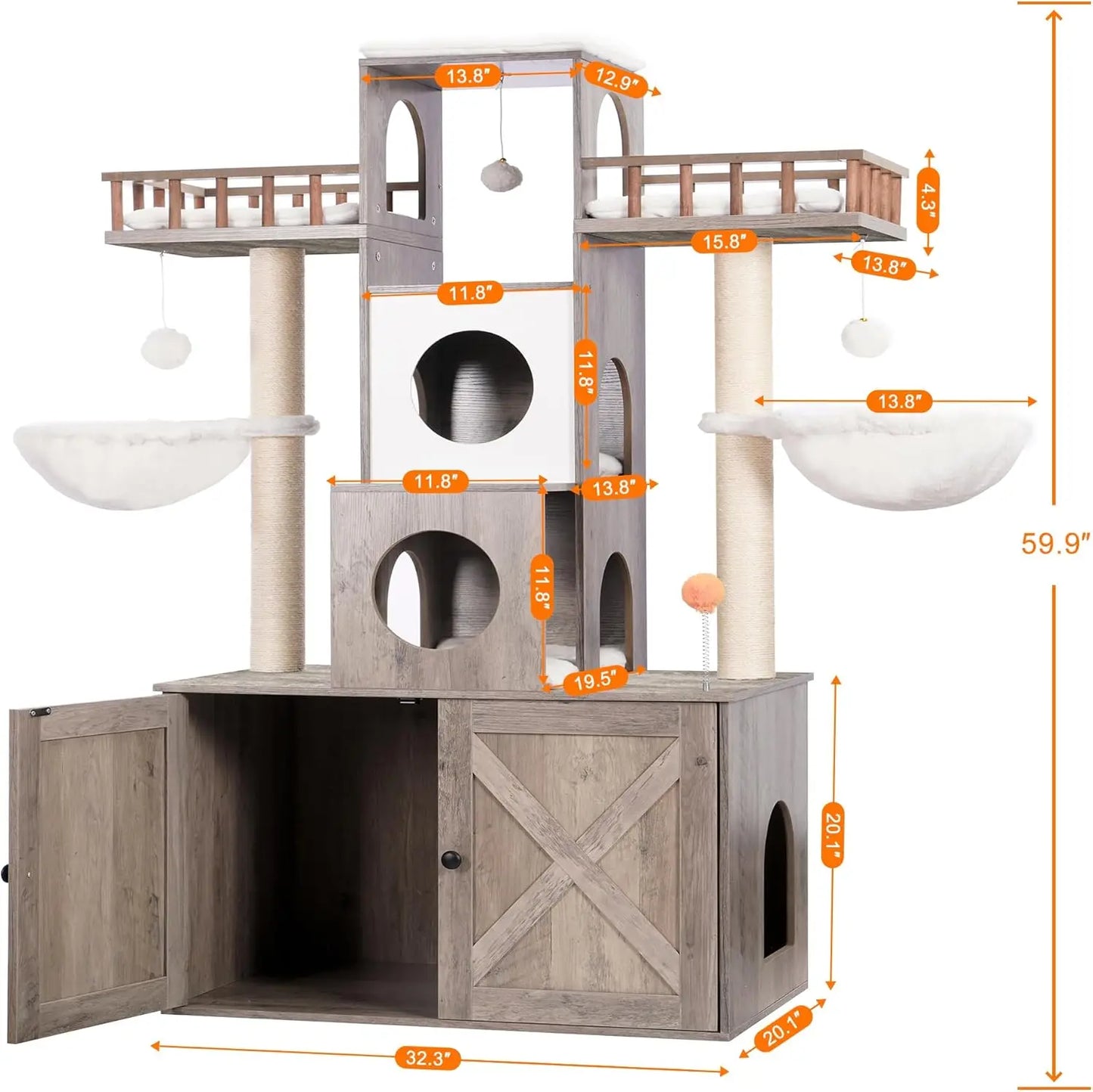 Triple-Tier Cat Tree With Litter Box Enclosure And Scratching Posts