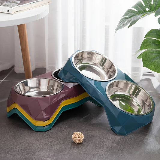 Dog Double Bowl Diamond Pattern Non Slip Food Water Feeder