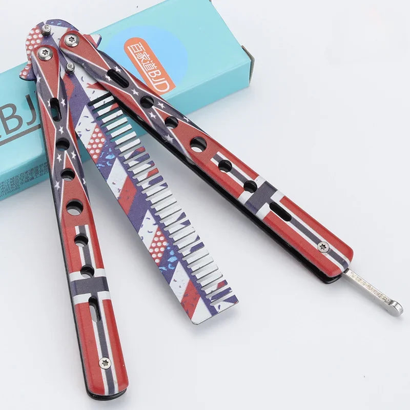 Stainless Steel Foldable Butterfly Knife Comb For Hairdressing Beards