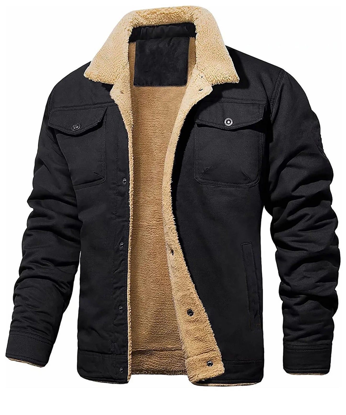 Men's Jackets Winter Faux Shearling Lined Windproof Warm Coat Black Buttoned Parka Pockets Comfortable Casual Tops US Size