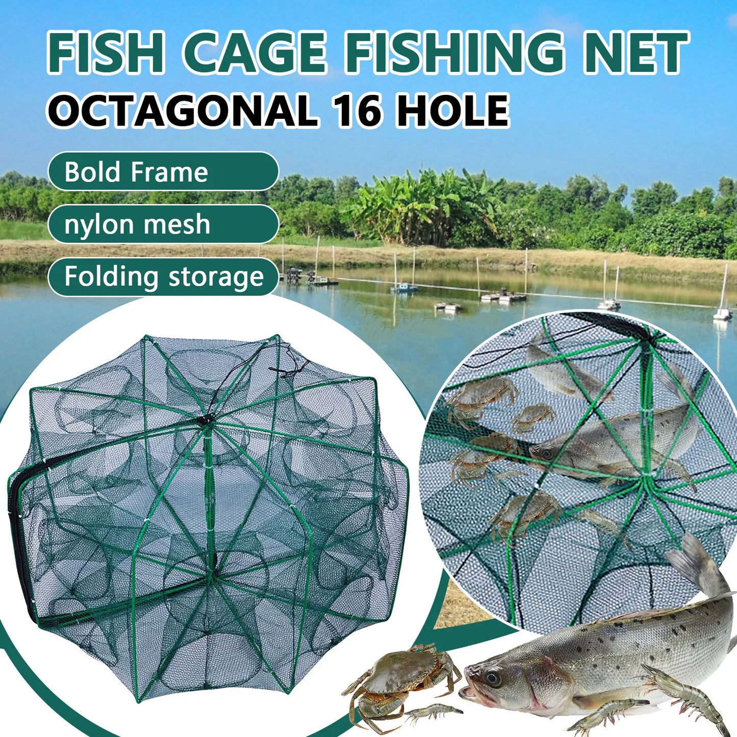 Folding lobster cage 2025 new style fishing trap fishing tool kit fish shrimp crayfish crab fishing net nylon material