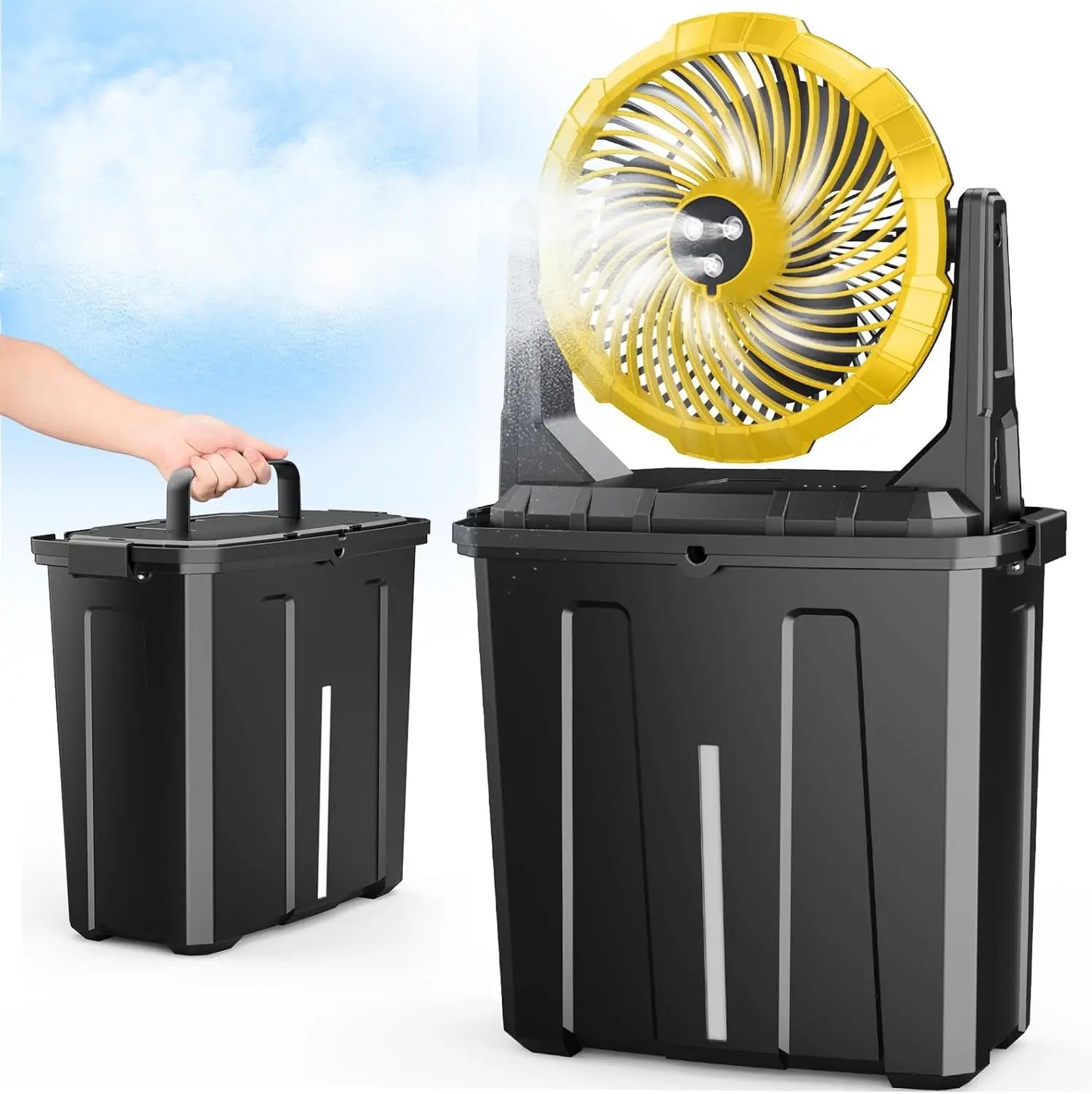 Portable Misting Fan with 9L Bucket, 10-inch Outdoor Cooling Fan for Patio Camping Beach, USB Rechargeable Battery Powered