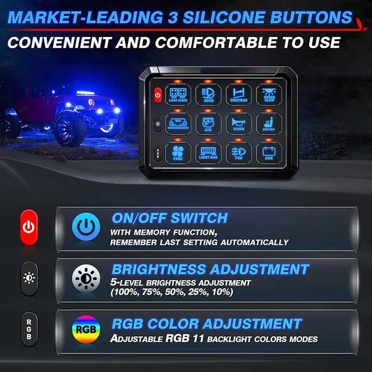 RGB 12 Gang Switch Panel LED Light Bar Relay System