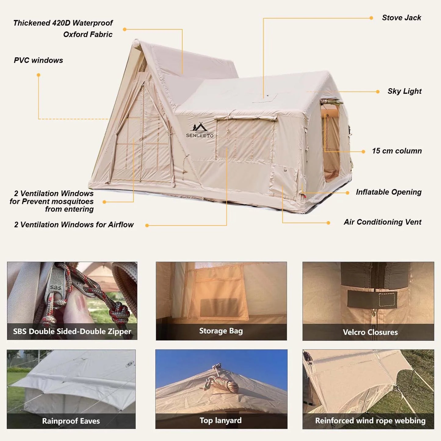 6-8 Person Large Inflatable Camping Tent, 4 Season Blow Up Tents with Rainfly, Luxury Inflatable Tent House with Stove Jack