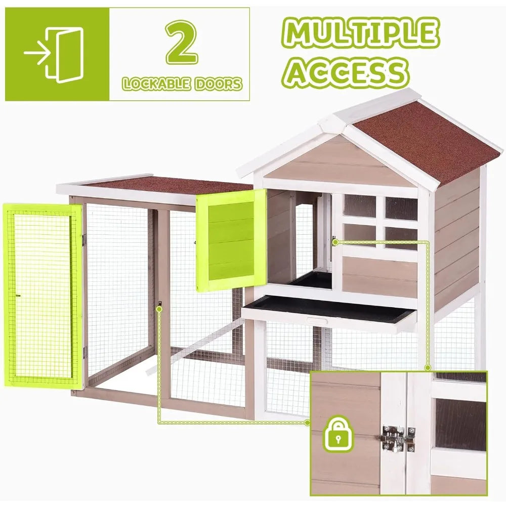 Wooden Rabbit Hutch Indoor Outdoor 2-Level Cage Pull-Out Tray