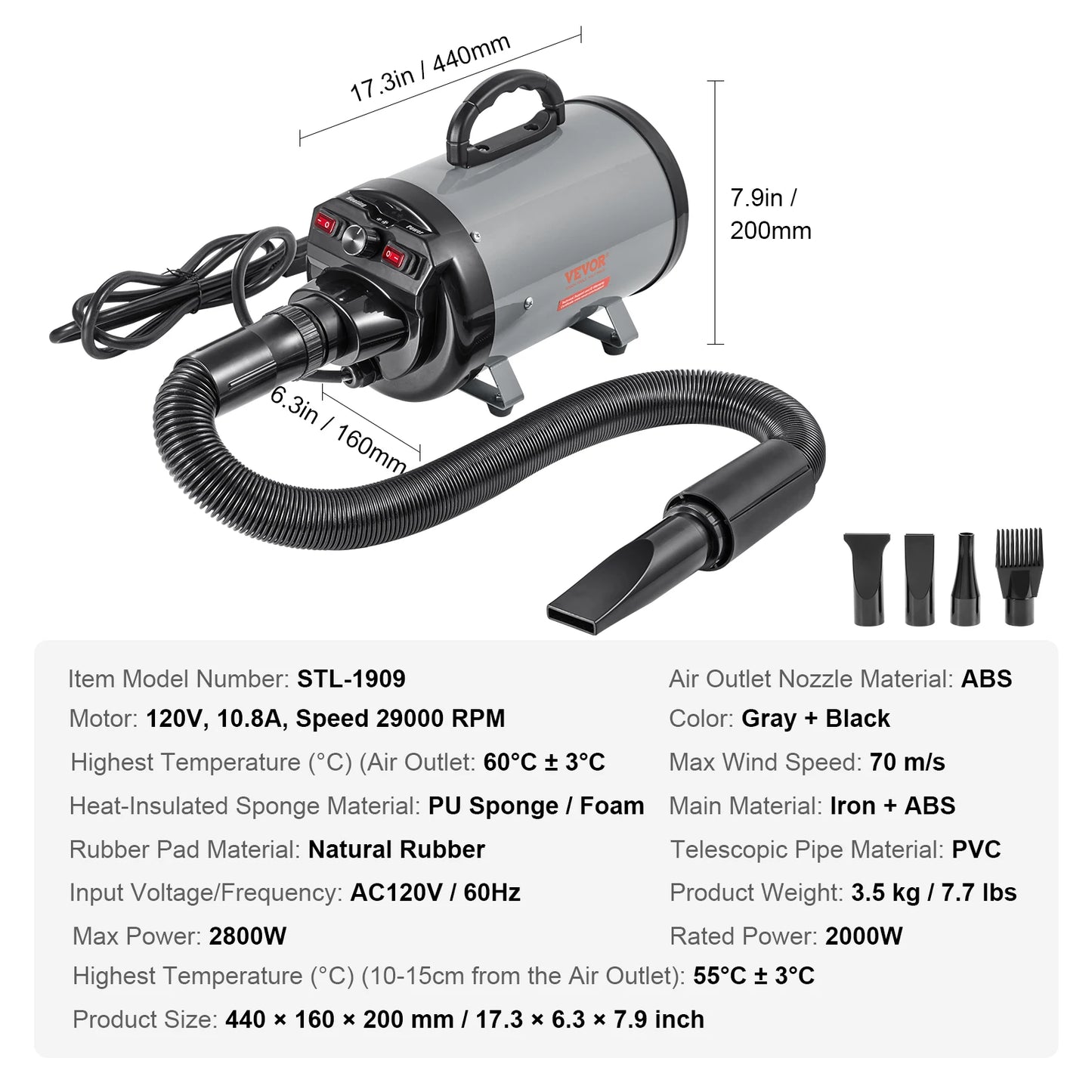 Dog Blow Dryer 2000W With Adjustable Speed Temperature Control For Pet Grooming