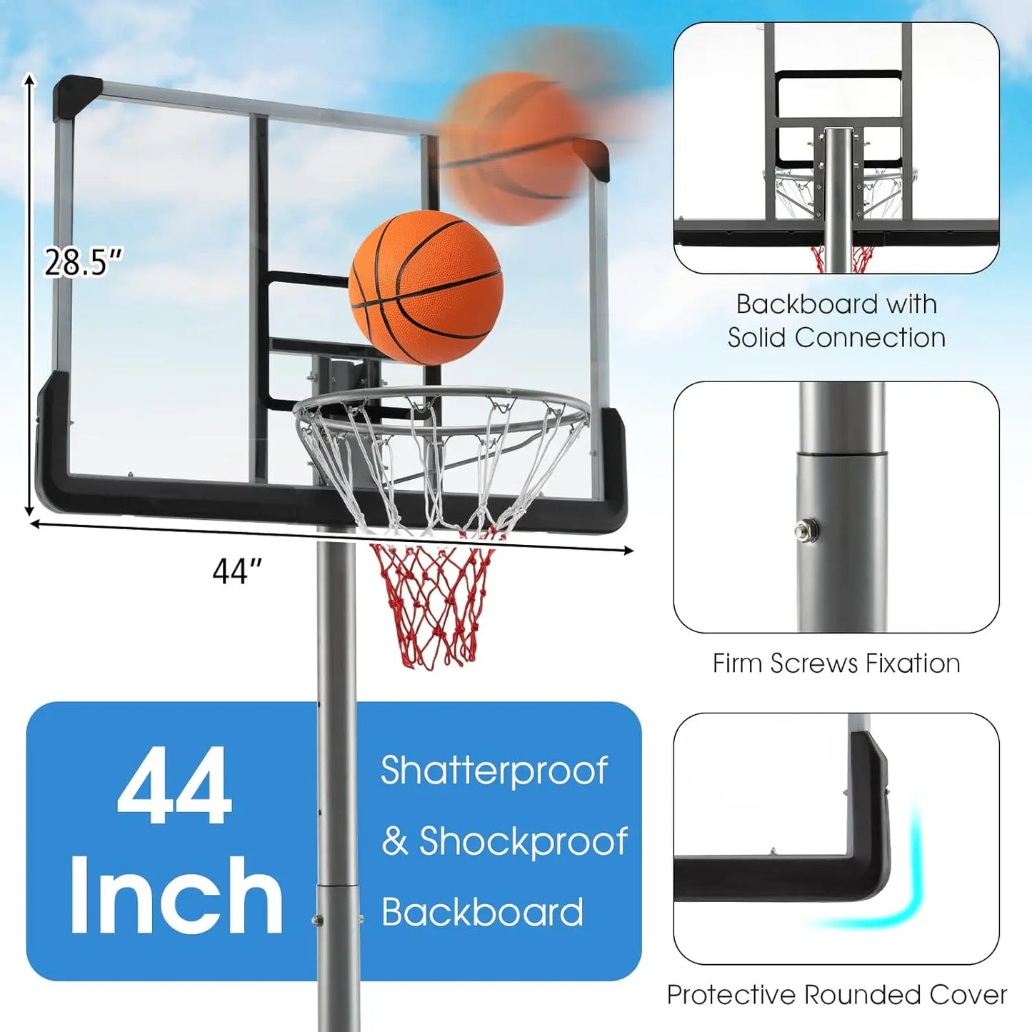 Portable Basketball Hoop Outdoor, Height Adjustable 64''-79'' with Wheels, Shatterproof Board, Fillable Base for Youth