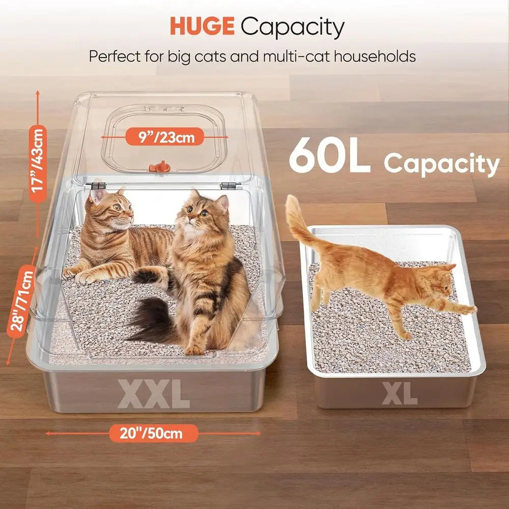 Extra Large 28 L×20 W Odor-Control Stainless Steel Cat Litter Box, 4-in-1 Cat Metal Litter Box Set, Enclosed Removable Metal Lit