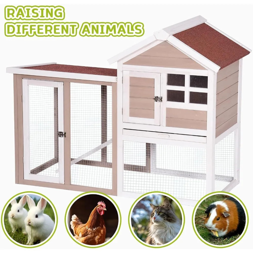 Wooden Rabbit Hutch Indoor Outdoor 2-Level Cage Pull-Out Tray