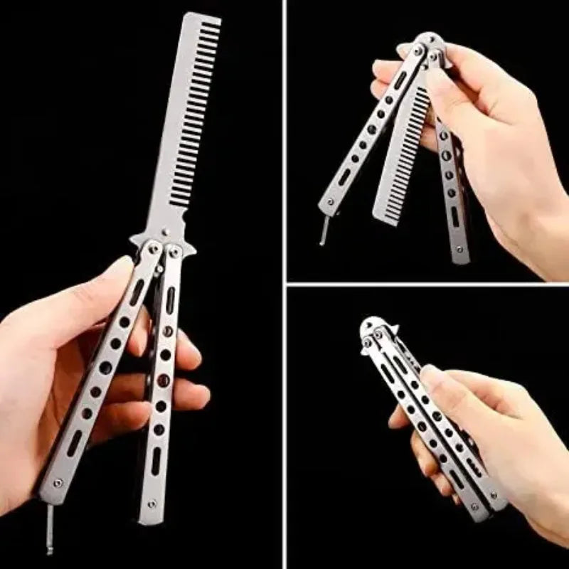 Stainless Steel Foldable Butterfly Knife Comb For Hairdressing Beards