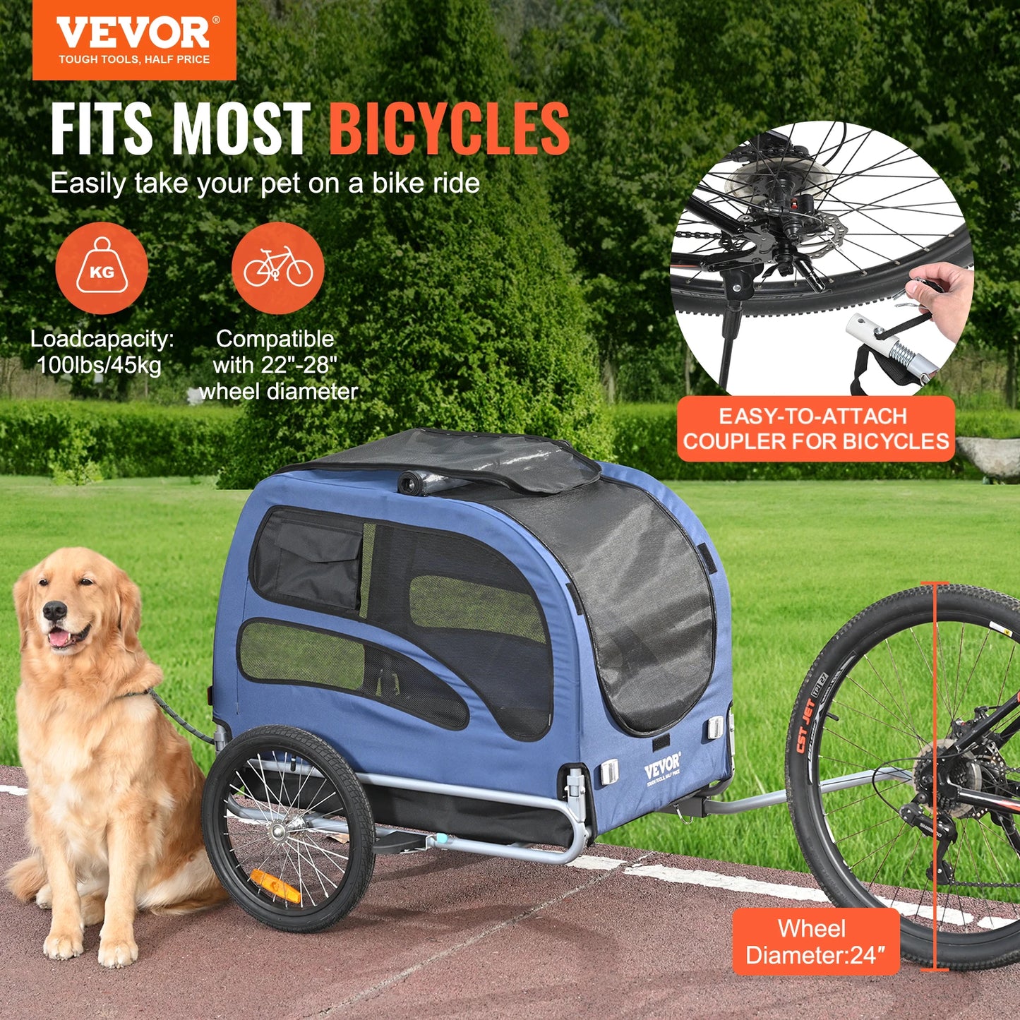 Pet Bike Trailer Carrier For Dogs 100lb Capacity Collapsible
