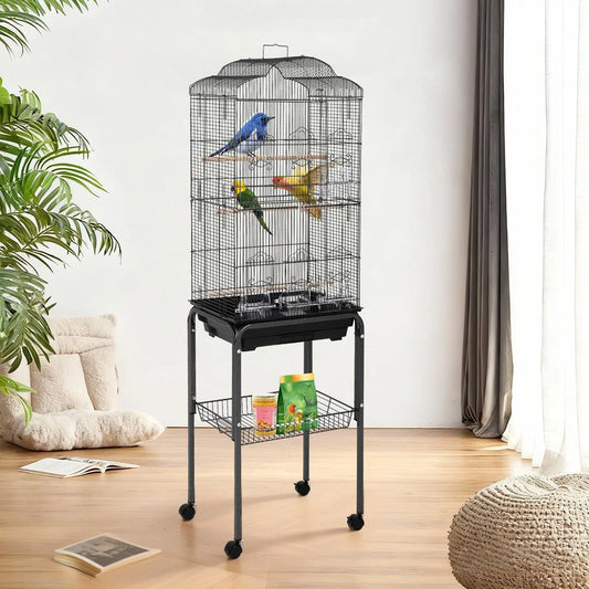 60" Rolling Parrot Cage With Play Top Storage Shelf Metal Aviary Slide Out Tray Non Toxic Locking Doors For Indoor Outdoor Use